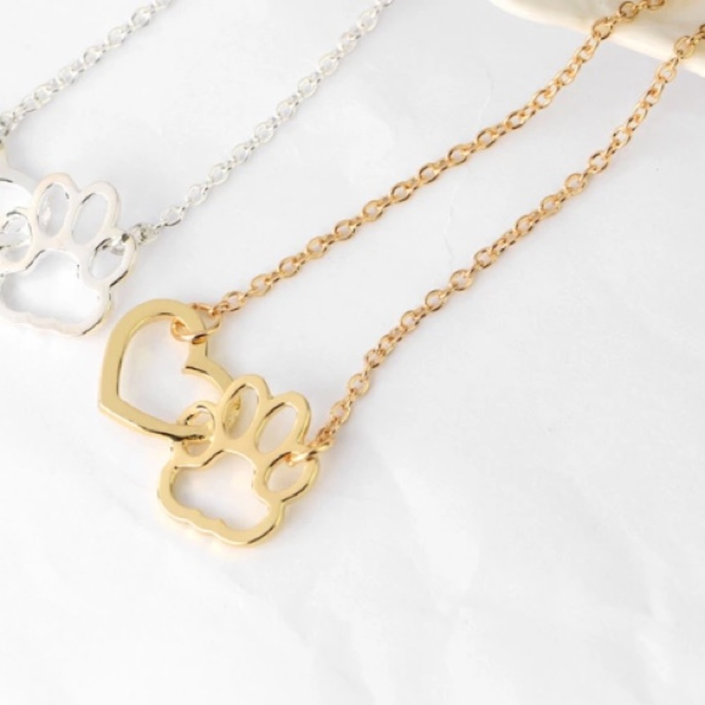 Gold Tone Interlocking Heart & Paw Print Necklace - Picture 7 of 7